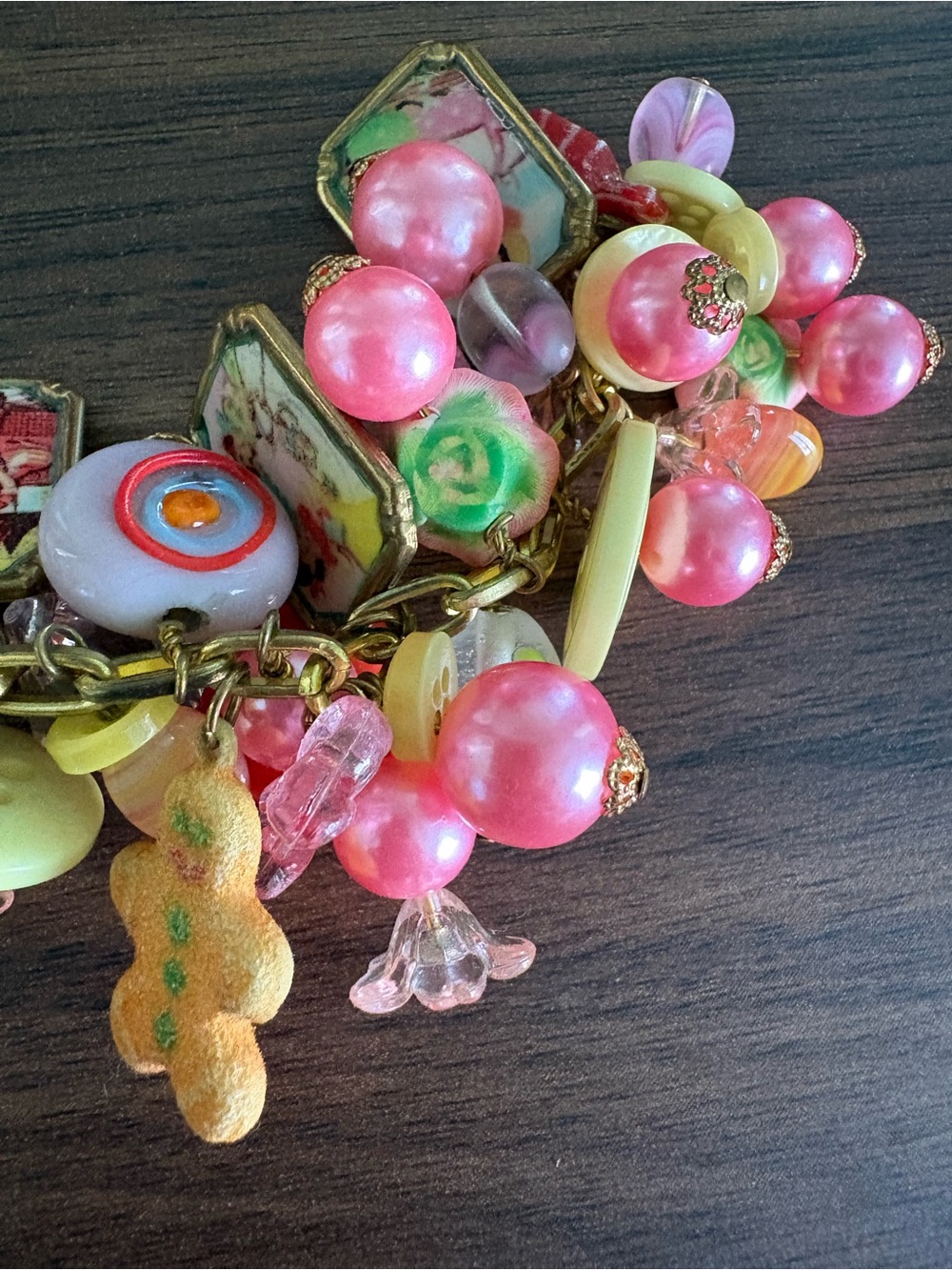 Vintage style Pink & Yellow Christmas charm Bracelet